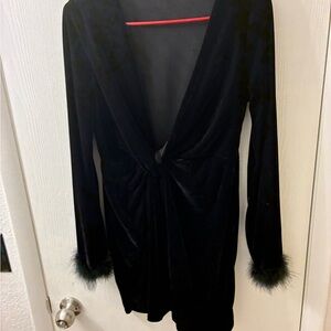 Fashion Nova Black Velvet Twist Front Mini Dress w/ Feather cuffs